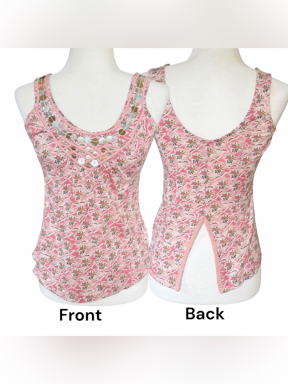 VTG Y2K Free People Pink Floral Shell Bead Trim Tank Top Size S